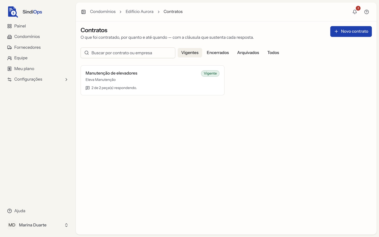 Tela do SindiOps: Gestão de contratos