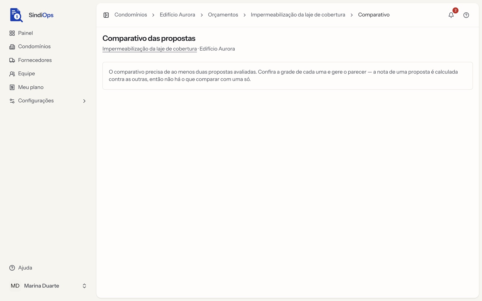 Tela do SindiOps: Comparação de orçamentos